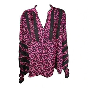 The Shirt Rochelle Behrens Shirt Blouse Top Black Red Large Floral Long Sleeve